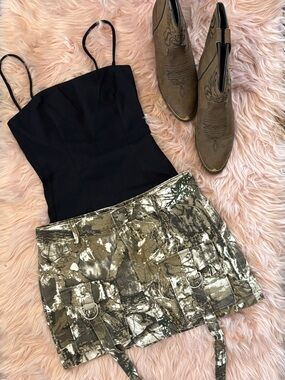 Camo-Pattern Mini Skirt with Utility Straps